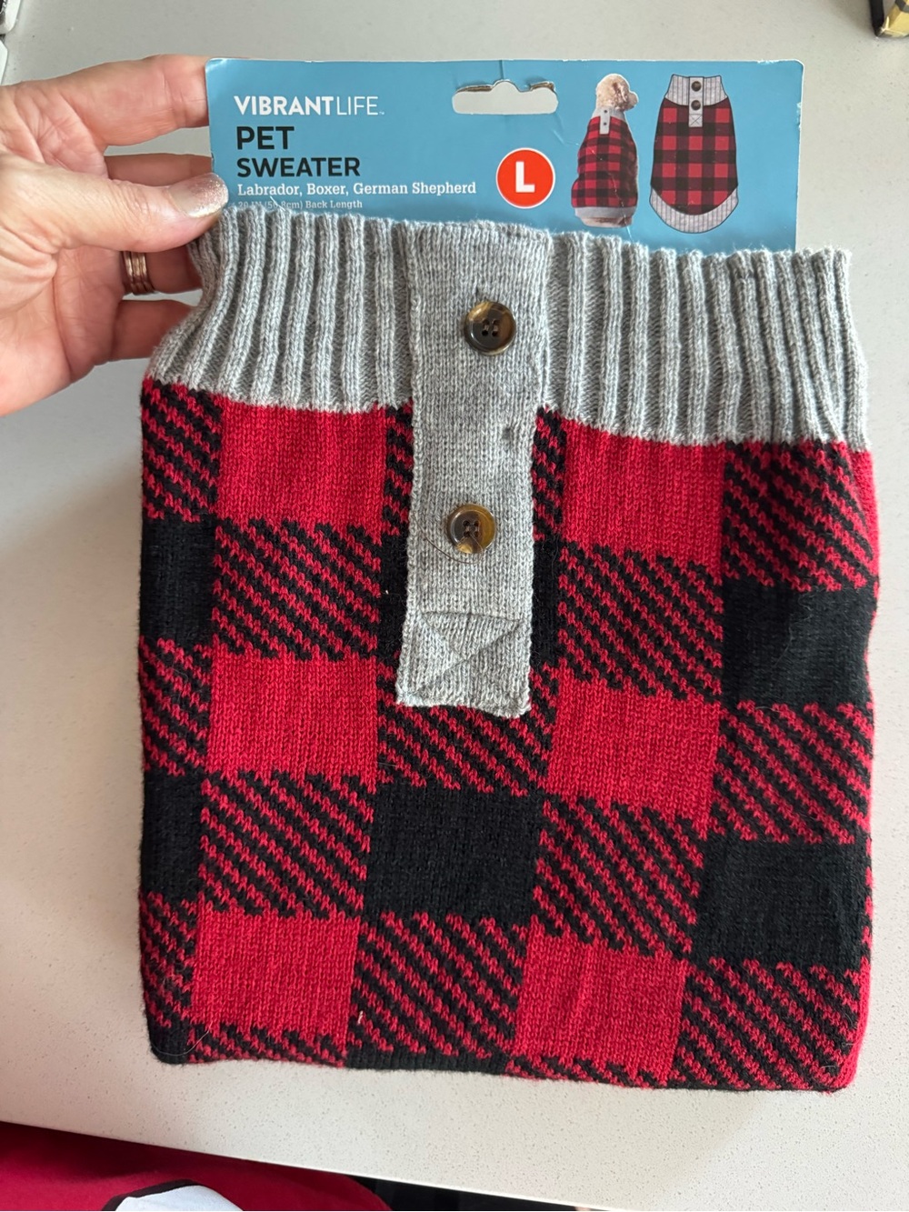 Vibrant Red & Black Buffalo Plaid Pet Sweater with Gray Collar - Large